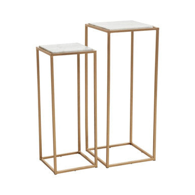 Nest of 2 White Marble Square Top Side Tables with Gold Metal Frame, Mandoli