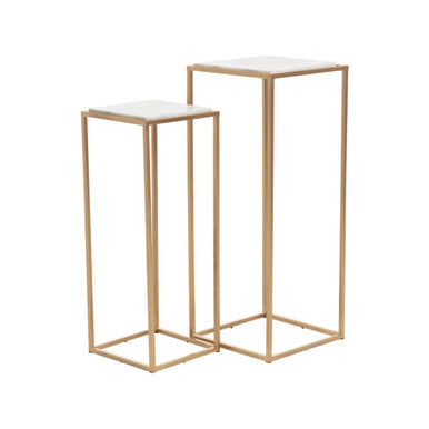 Nest of 2 White Marble Square Top Side Tables with Gold Metal Frame, Mandoli