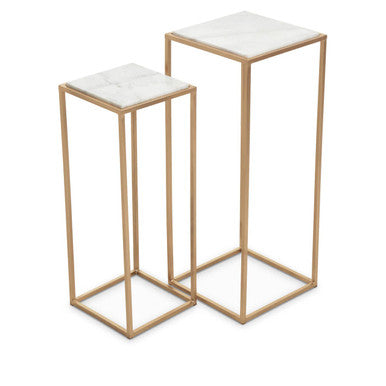 Nest of 2 White Marble Square Top Side Tables with Gold Metal Frame, Mandoli