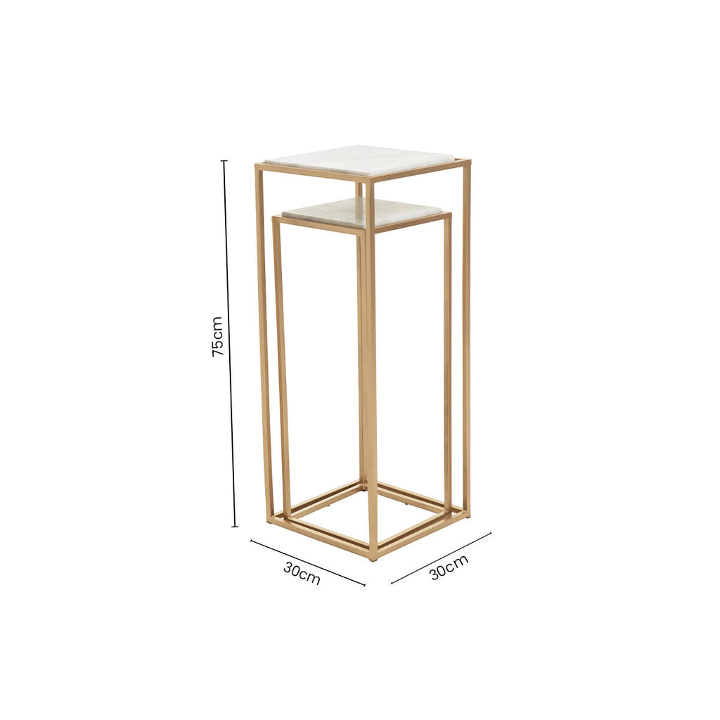 Nest of 2 White Marble Square Top Side Tables with Gold Metal Frame, Mandoli