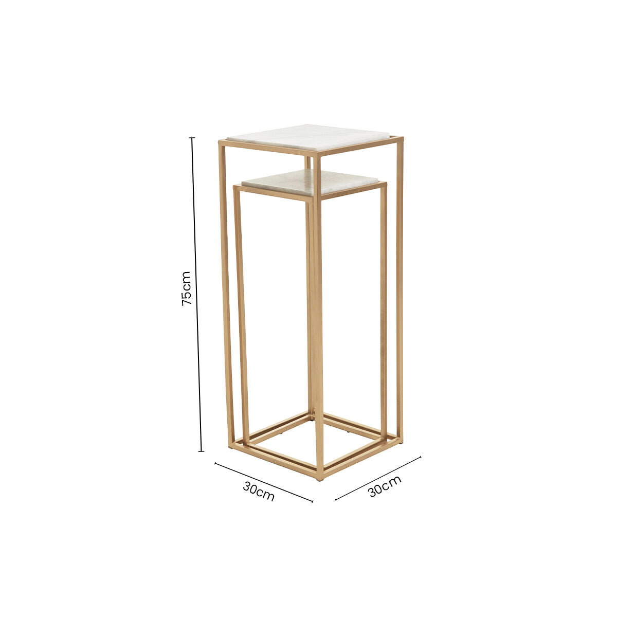 Nest of 2 White Marble Square Top Side Tables with Gold Metal Frame, Mandoli