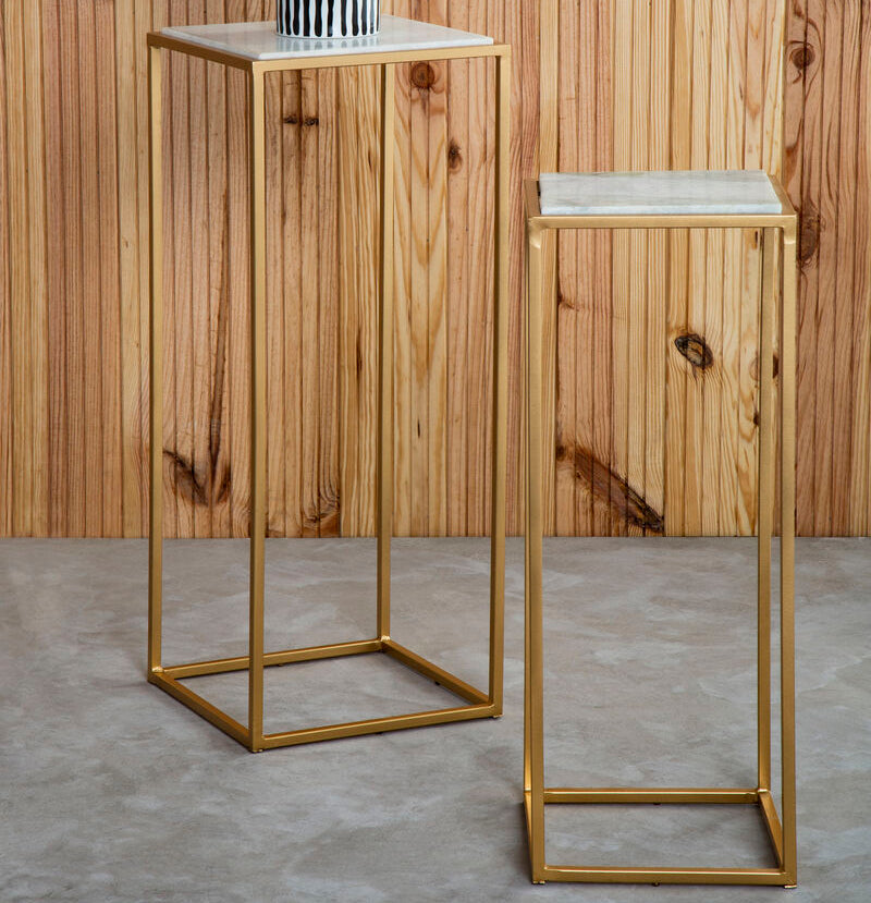 Nest of 2 White Marble Square Top Side Tables with Gold Metal Frame, Mandoli