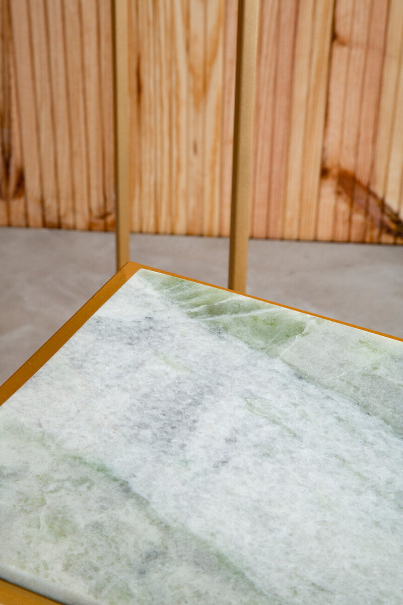 Nest of 2 White Marble Square Top Side Tables with Gold Metal Frame, Mandoli